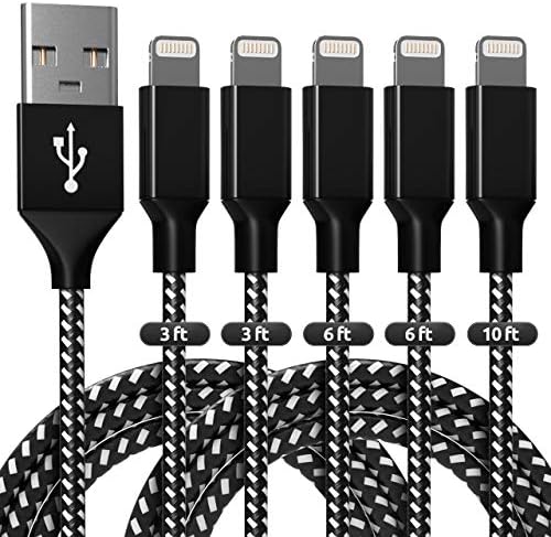 5 Pack Phone Charger Cable Extra Long Nylon Braided USB Charging & Syncing Cord Compatible Phone Xs/Max/XR/X/8/8Plus/7/7Plus/6S/6S (3/6/10FT)- Black&White