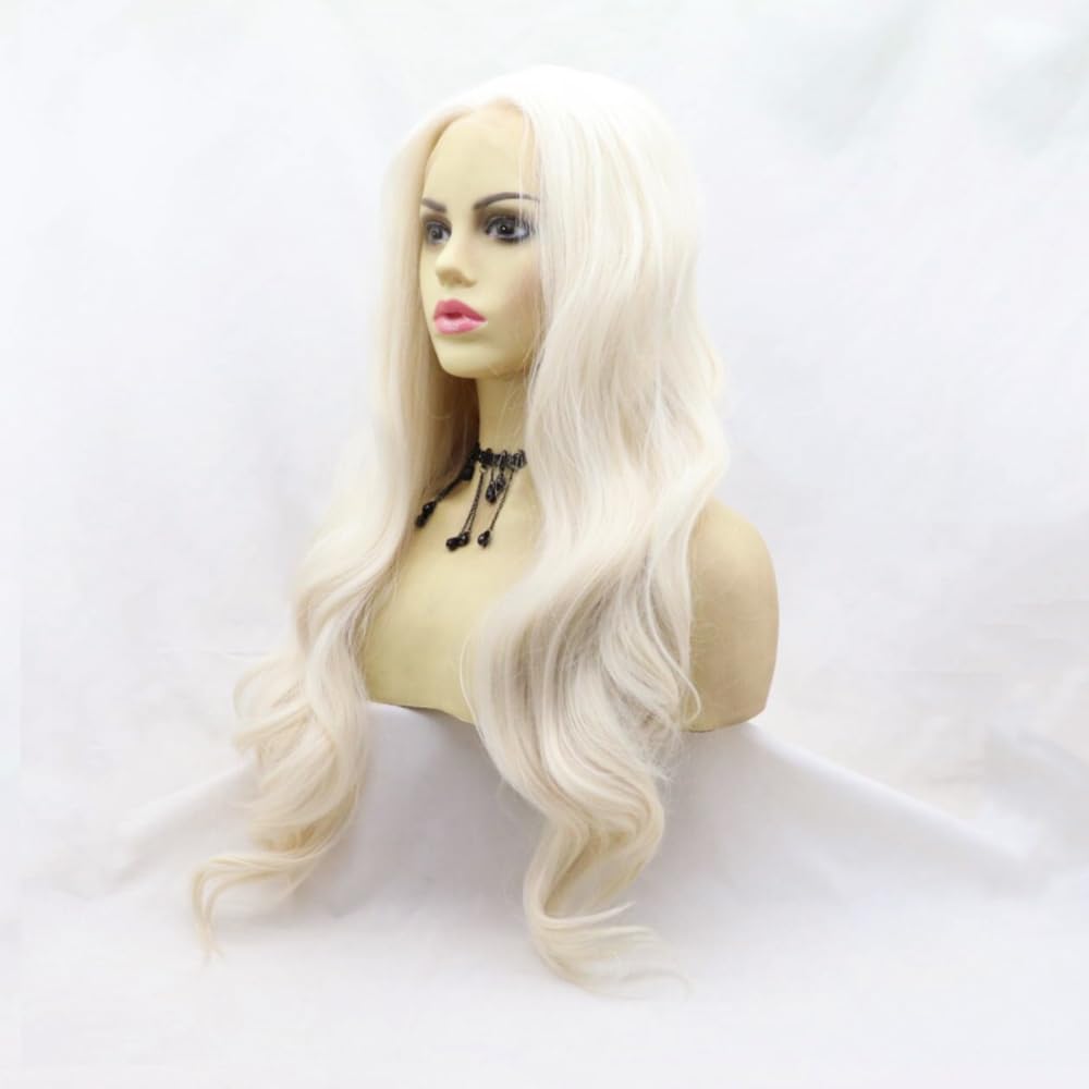 xiweiya Long Wavy Platinum Blonde Wig 13x3 Lace Wig Synthetic White Lace Front Wigs Blonde Hair Middle Part Natural Hairline Heat Resistant Fiber 24inch 180% Density Half Hand Tied For Women