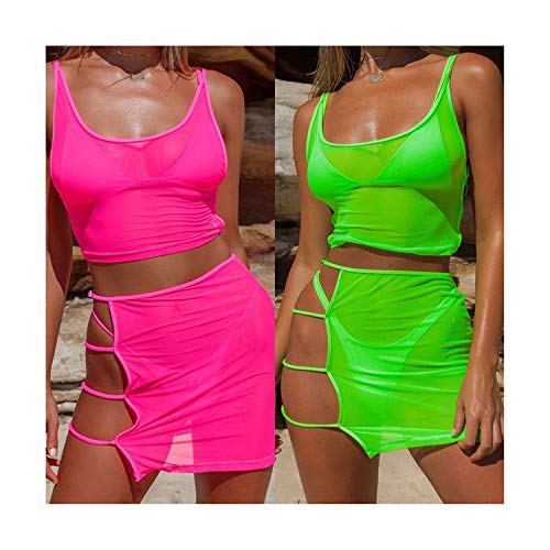 George Gouge Sexy Mesh sets Women Skirt Set Solid Neon Green High Waist Tank Top Step Skirt Hollow Out Women Wear Skirt Suits