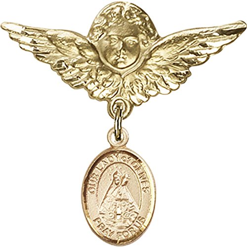 14kt Yellow Gold Baby Badge with Our Lady of Olives Charm and Angel w/Wings Badge Pin 1 1/8 X 1 1/8 inches