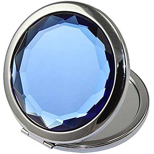 ADAMAI Crystal Folding Makeup Mirror Handhold Metal Round Hand Compact Pocket Cosmetic Magnified Mini Mirror (Blue)