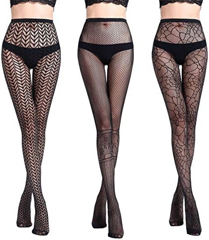 Indbeauty Womens Fishnet Tights Suspender Pantyhose Thigh-High Stockings Black 3 Pairs