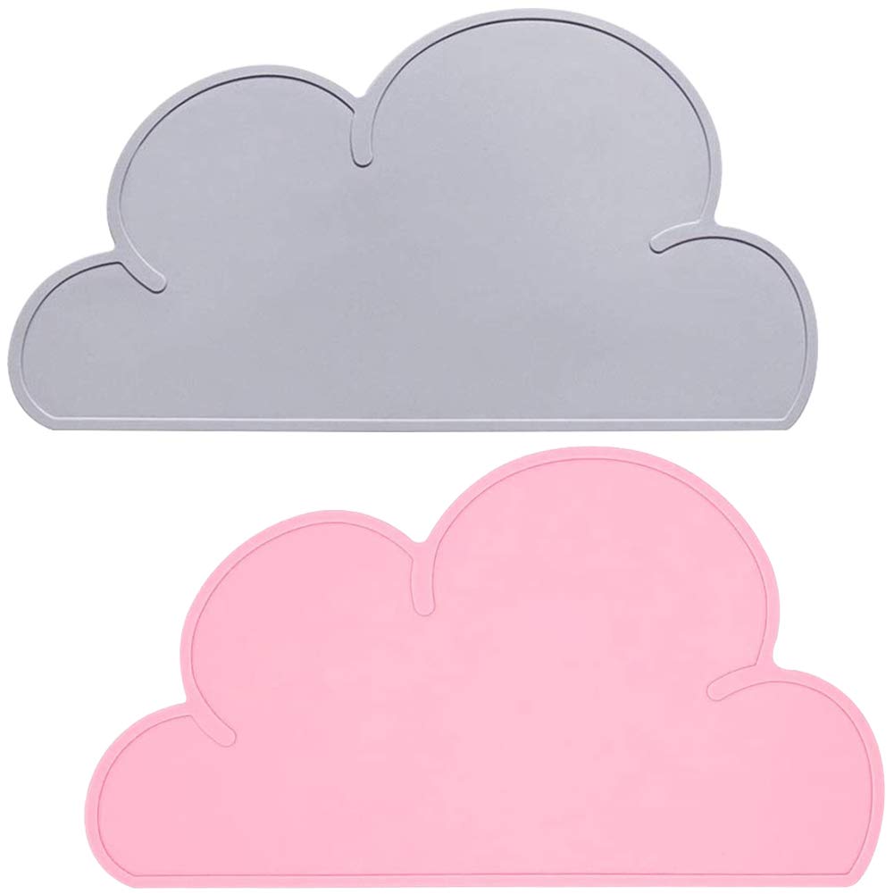 BETOY Kids Placemats, 2PCS Silicone Childrens Placemat Kids Placemats Cloud Shape Non Slip Foldable Portable Heat Resistant Kids Tableware for Toddlers Infant - Grey, Pink