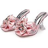 Flerivva Women's Clear High Heel Mule Sandal Square Open toe Slide on Wedding Party Dress Shoes with Bow