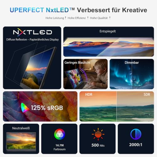 UPERFECT Portable Monitor 15.6 inch, NxtLED Eye-Friendly Laptop Monitor, 125% sRGB 1080p, Flicker-Free Display with USB-C, HDMI and VESA Connection for Computer, Mini PC and Game Consoles