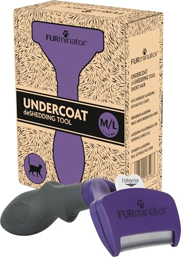 Outil de Toilettage pour Chat à Poils Courts de moyenne à grande Taille – Brosse anti-mue M/L à manche ergonomique - Elimine 90% des poils morts - Nettoyage en 1 clic - Emballage recyclable