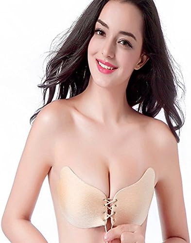 Women's Reusable Strapless Self Adhesive Strapless Bra LALA Bra Wing Shape Push-up Invisible Bra Sexy Nubra (B Cup, nude)