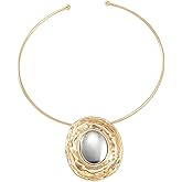 Vanesseva Two Tone Oval Pendant Open Circle Choker for Women Statement Tribal African Jewelry Gold-plated Cool Collar Necklace with Disc Charm Punk Simple Ethnic Necklace