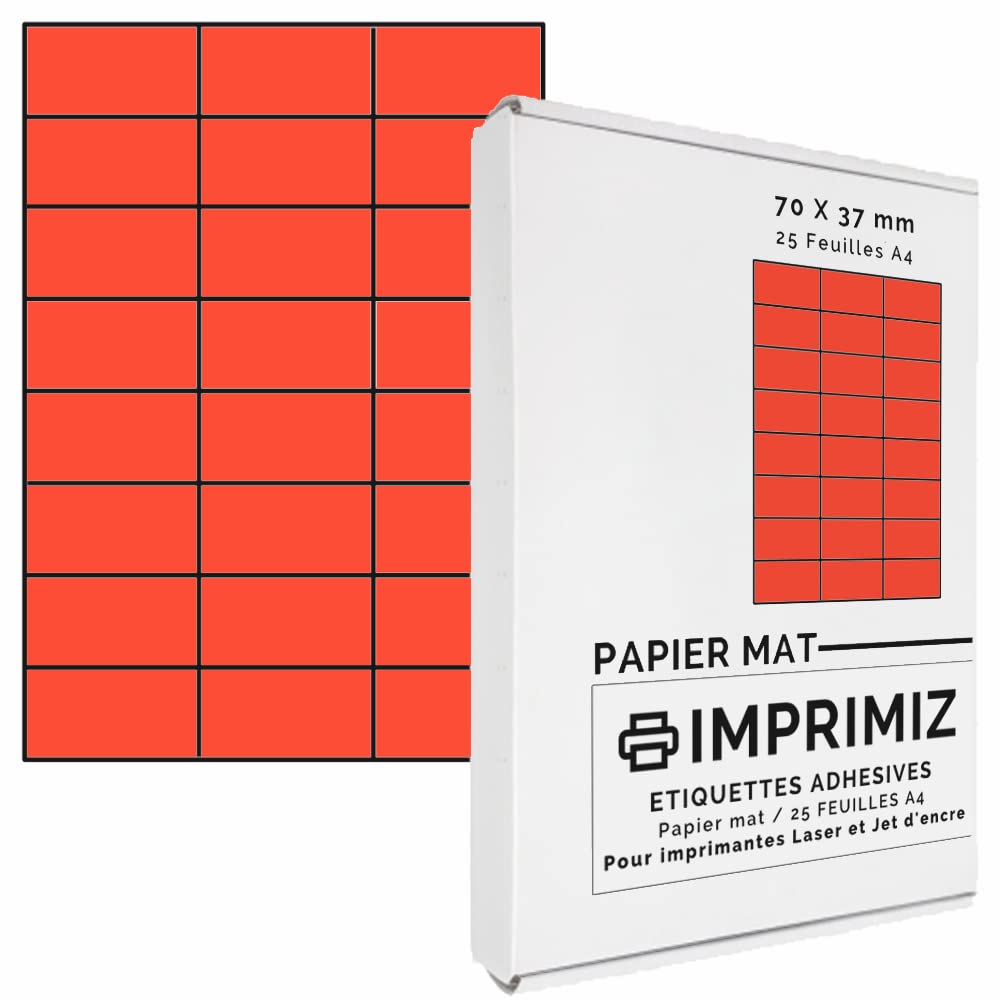 600 Fluorescent Red Sticky Labels (70 x 37 mm) - 24 Labels Per Sheet - 25 Adhesive - Coloured A4 Paper Sheets for Ink Jet and Laser Printing