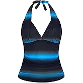 Hilor Women's Tankini Bathing Suit Plunging V Neck Halter Swim Tops Shirred Tummy Control Tankini Top