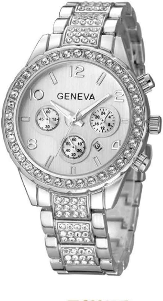MERSDW Wristwatch, Geneva Fashion Alloy Diamond-Studded Steel Belt Three-Eye Calendar Watch Men's Business Watch Women's Clothing Table (Silver)