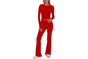 BORIFLORS Women's Workout 2 Piece Lounge Sets Long Sleeve Tops Foldover Flare Pants Casual Outfits Tracksuit