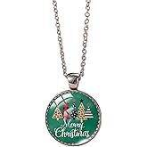 IS4U Christmas Necklace Vintage Glass Christmas Tree Santa Elk Crutch Pendant Necklace Crystal Embossed Christmas Necklace Sweater Chain Holiday Jewelry for Women