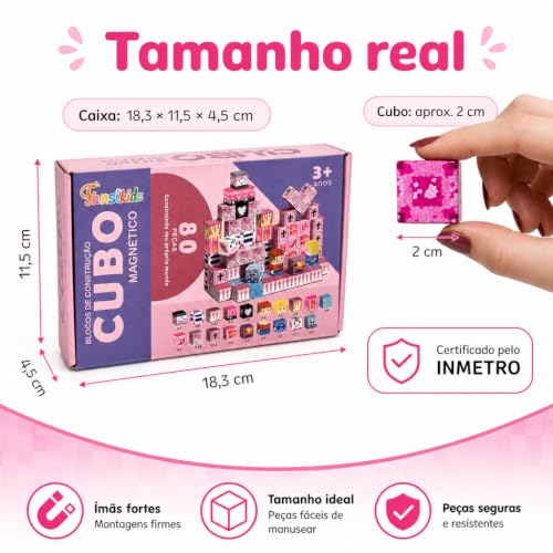 Blocos de Construção Magnéticos Castelos e Princesas, 80 Peças, Fansikids, Mini Cubos Educativos Empilháveis, Brinquedo Criativo para Crianças 3+ Anos, Kit Montagem com Ímãs