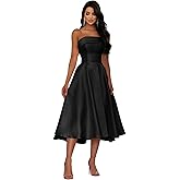 QZLDHG Tea Length Prom Dresses for Women Strapless Ball Gown Ruched Satin Formal Evening Dress