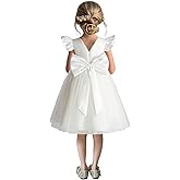 GELOMARI Satin Flower Girl Dress V-Back Ruffle Sleeve Dresses Girls Tulle Dress for Wedding First Communion with Bow-Knot