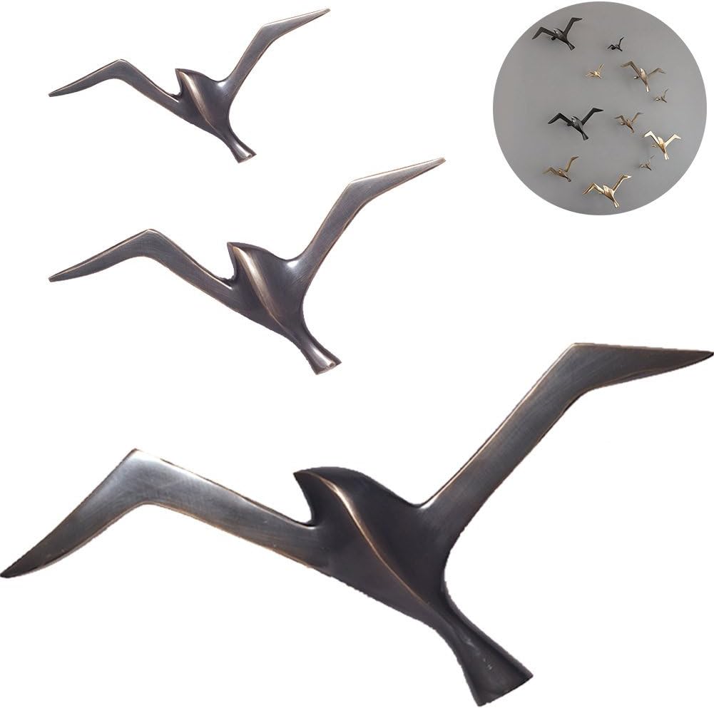 WINGOFFLY Premium Quality Pure Copper Metal 3D Seagull Bird Wall Art Ornament Wall Sculpture(Black 3PCS Set)