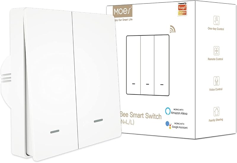 MOES ZigBee Smart Wall Light Switch 2-Gang White No Neutral Wire Required