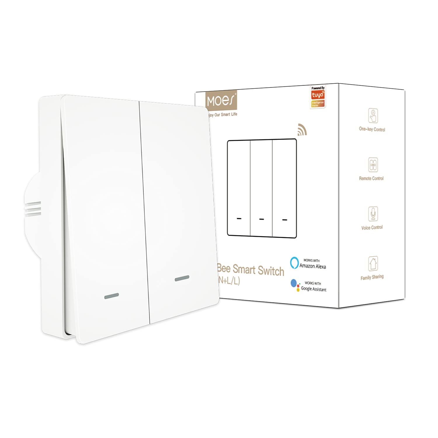 MOES ZigBee Smart Wall Light Switch, No Neutral Wire Required/Neutral Optional 2-in-1 Design, No Capacitor Needed, Tuya ZigBee Hub Required, 2-Gang White