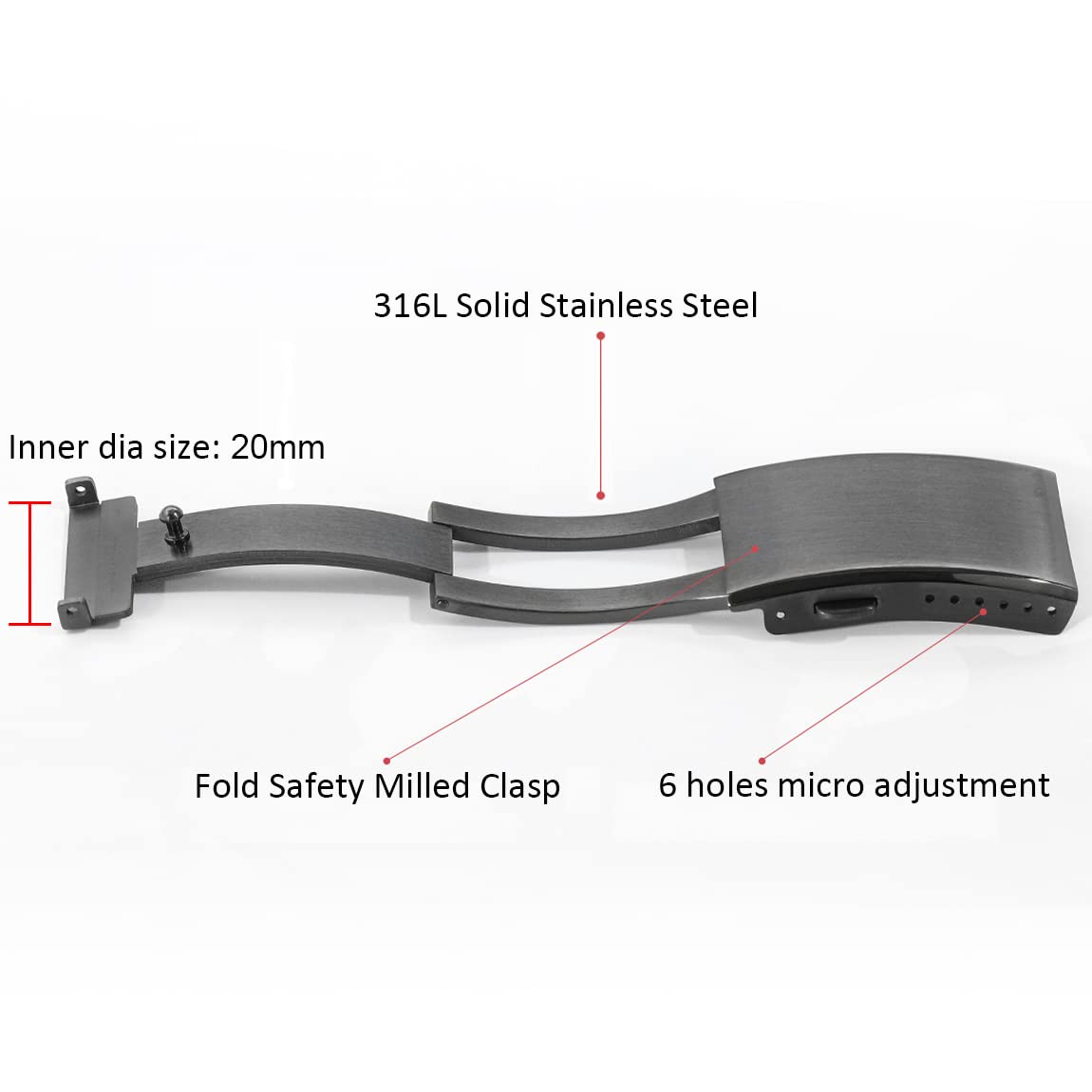 watchdives Watch Buckle 18mm/20mm/22mm Fold Safety Milled Clasp Replacement Stainless Steel Watchband Clasp (Black, 20mm)