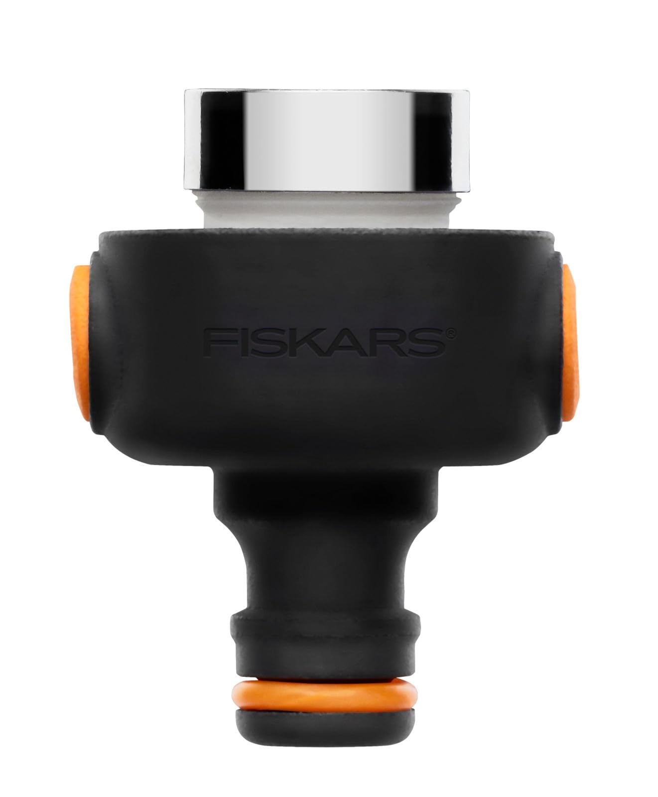 Fiskars tap connector for interiors, With quick-release fastener for pulling off, Includes M22 female and M24 male thread, Easy to install, Universal size, 50 g, Black/Orange, 1027062