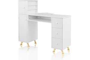 LUXMARS Manicure Table Nail Desk for Technician w/Wrist Rest & Plastic Table Mat, Acetone Resistant Nail Table Station with Large Capacity Storage Space for Home Spa Beauty White