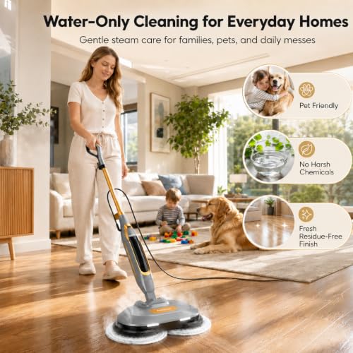 Funsteam Steam and Scrub Mop, Steam Mop with Dual Rotating Pads, Swivel Steering, 2 LED Headlight, 4 Cleaning Modes, 15.2 fl oz Tank, 6 Washable Pads for All-in-One Sealed Hard Floors