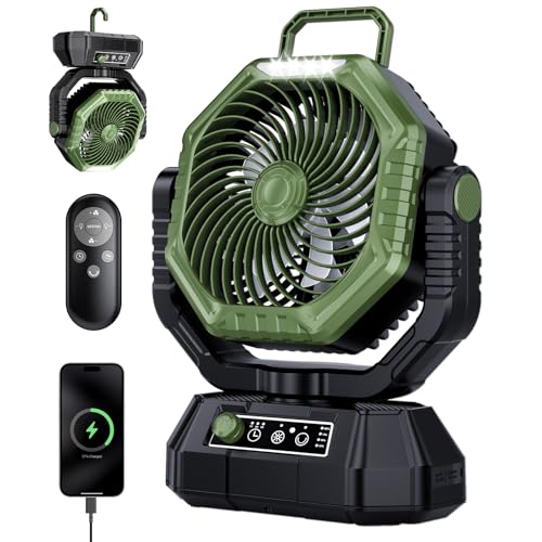 AJVV Camping Fan, Oscillating Battery Powered Portable Rechargeable Hanging Tent Fan with Light and Remote for Camp, Outdoor, Emergency Power Outage, Fishing, RV Travel, Green