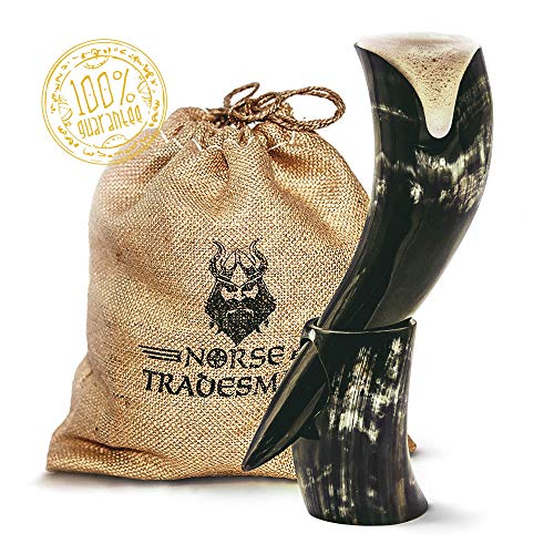 Genuine Ox-Horn Viking Drinking Horn - w/Horn Stand and Burlap Gift Sack - 12" Horn