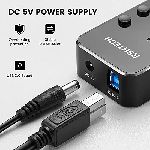 RSHTECH USB Hub Powered 7 Port USB 3.0 Data Hub Aluminum USB Extension Splitter with Individual On/Off Switch Universal AC to DC 5V Power Adapter (RSH-518) - Image 5