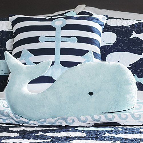 Lush Decor Whale Kids Reversible 4 Piece Quilt Bedding Set with Sham and Decorative Throw Pillows, Twin, Navy