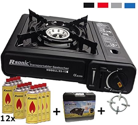 Gaskocher Campingkocher + 12x Gaskartuschen + Phönix PH-T01 Gasherdkreuz + Tragekoffer (Farbe Schwarz, Rot, Blau oder Grau)