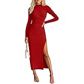 MIROL Women's 2026 Spring Fall Long Sleeve Maxi Dress Mock Neck Slit Ruched Business Casual Wedding Guest Cocktail Dresses