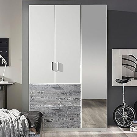 Kleiderschrank 3 Türen B 136 cm weiß grau Schrank Spiegelschrank