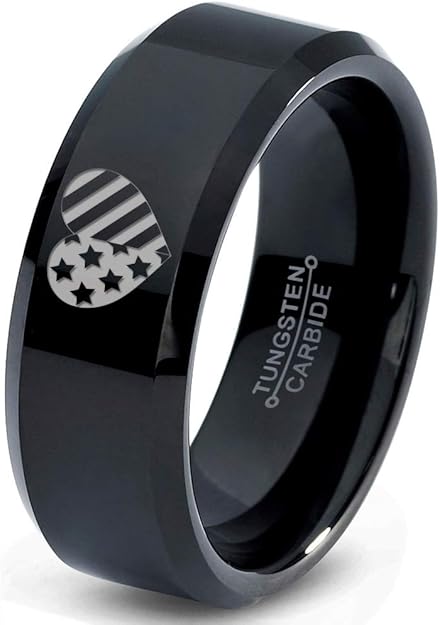 American Heart Shaped Flag Ring Tungsten Band 8mm Men Women