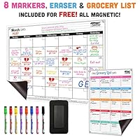 Dry Erase Magnetic Monthly Calendar 17" x 13" and Grocery List - Strong Magnet Backing + 8 Free Fine Tip Magnetic Markers & Large Eraser - Whiteboard Planner Fridge Calendar for Home, Office & School