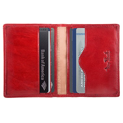Tony Perotti Mens Italian Bull Leather Thin Bifold Credit Card Holder Wallet in Red