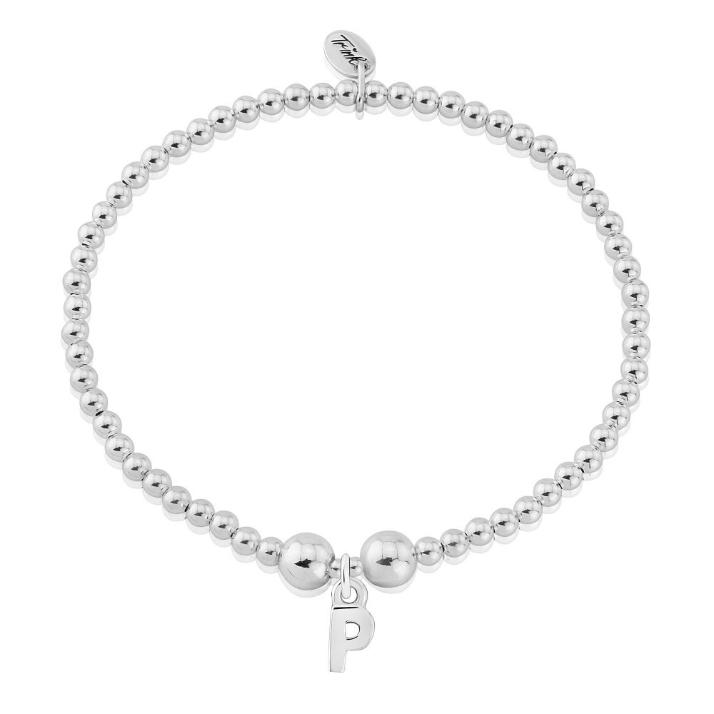 Trink Initial 'P' Letter Charm Sterling Silver Beaded Bracelet