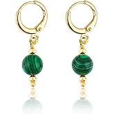 CRYSTALINES Genuine Green Malachite Gemstone Dainty Hoop Earrings | Round Beads Studs | Healing Crystals Earrings | Handmade Boho Jewelry | Gold Plated Earrings | Christmas Gift for Women