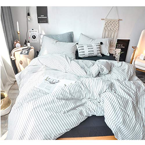 FOSSA Washed Cotton Duvet Cover Set Queen 3 Piece Bedding Sets Soft Wrinkled Striped Design (Queen, White&Black Stripes)