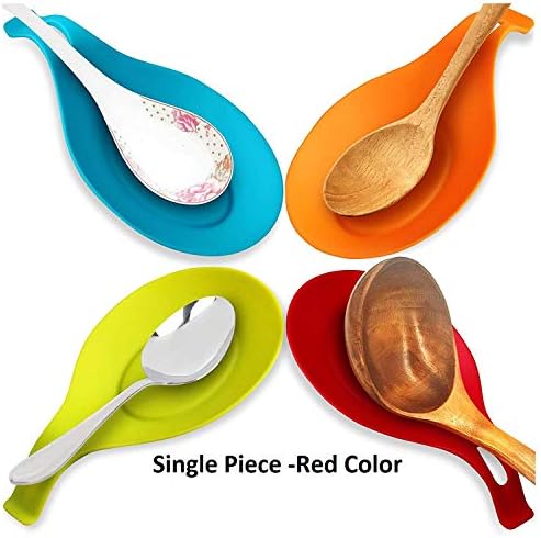 Dharohar™ Kitchen Silicone Spoon Rest, Flexible Almond-Shaped Spoon Holder, Cooking Utensil Rest 1-Piece, Red Color
