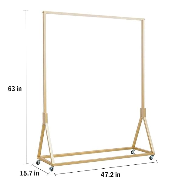 FURVOKIA MODERN SIMPLE HEAVY DUTY METAL ROLLING GARMENT RACK WITH WHEEL,RETAIL DISPLAY CLOTHING RACK, SINGLE ROD FLOOR-STANDING HANGERS CLOTHES SHELVES (GOLD SQUARE TUBE A, 47.2 L)