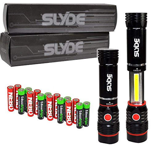 EdisonBrightNebo Slyde 250 Lumen LED Flashlight/Worklight 6156 Two Pack and 8 X AAA Alkaline Batteries Bundle