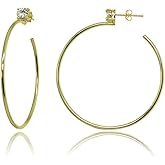 Sterling Silver Polished Cubic Zirconia Round Open Hoop Earrings, 35mm-50mm