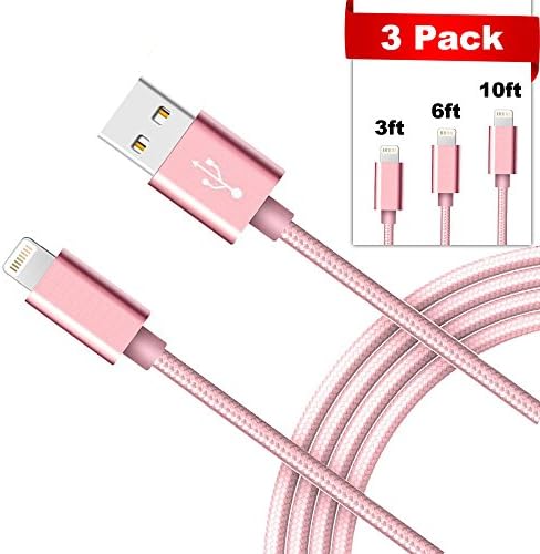 HLLI Lightning Cable / iPhone Charger Cable, 3 Pack Durable Nylon Braided Charging and Syncing USB Cord For iPhone 8 8 Plus 7 7 Plus 6S 6 Plus SE 5S iPad Mini iPod- Rose Gold (3Pack 3ft+6ft+10ft)