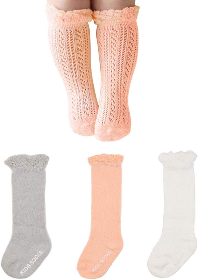 ACTLATIBaby Girls Knee High Socks Hollow Out Anti-skid Knitting Stockings Suitable for 0-2 Years Infants Toddlers