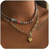 YLZDPDM Boho Beaded Choker Necklace for Women, Layered Boho Gemstone Natural Stone Freshwater Surfer Necklaces 14K Gold Plated Summer Colorful Beaded Beach Handmade Jewelry Gifts for Her