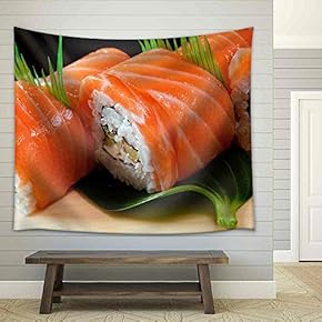 Japanese Sushi Traditional Japanese Food.Roll Made of Salmon - Fabric Wall Tapestry Home Decor - 51x60 inches