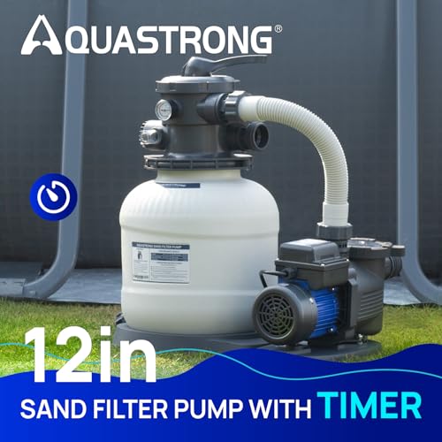 AQUASTRONG Sand Filter Pump for Above Ground Pool with Timer, 3/4 HP Pool Pumps Above Ground 3800 GPH for Pools up to 14000GAL, 12in Pool Filter with 6-Way Valve, Improved Circulation & Filtration