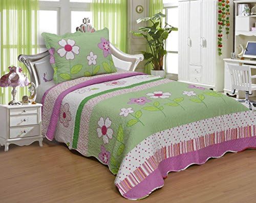 FT Home Fashion Kids Girls Twin Size Green Pink Striped Floral Print Coverlet Set, 2 Pieces